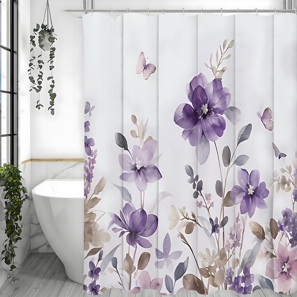 Purple Crushed Shower Curtain, Abstract Watercolor Floral Botanical Butterfly Rustic Farmhouse Bathroom Decorative Shower Curtai