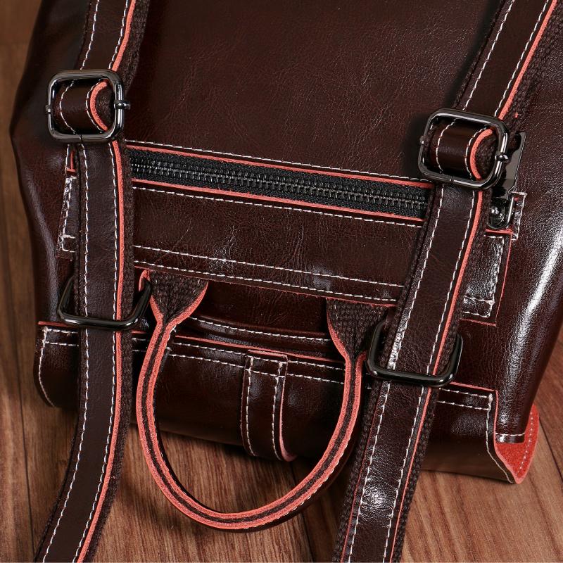 Genuine Waxed Leather Drawstring Women Backpacks Flap Ladies Travel Bag Stylish Korean Girl's School Bags