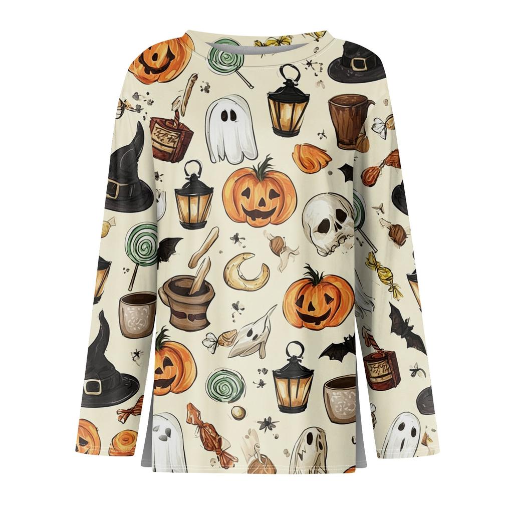 Women's Fashion Long Sleeve Neck Top with Hem Slit Halloween Print for Party