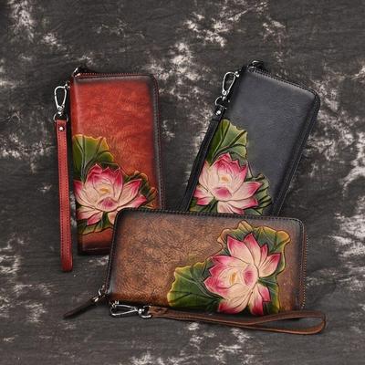Handmade Vintage Genuine Leather Ladies Clutch Bags Female Purse Women Floral Zipper Standard Wallets