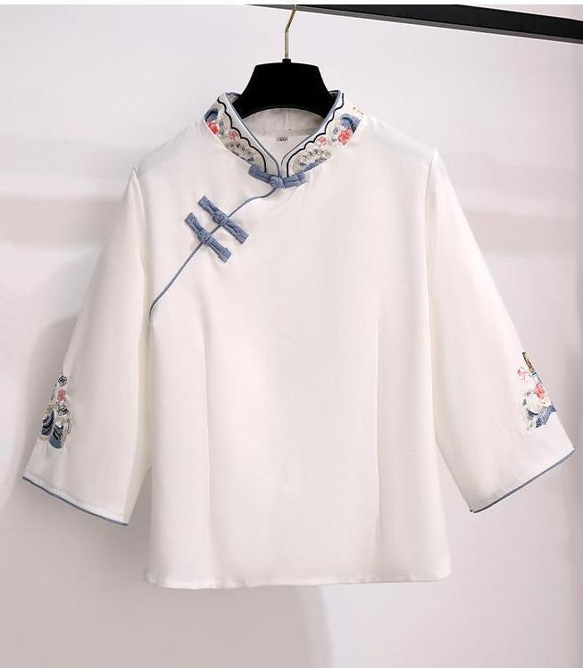 Retro Ethnic Embroidered Cotton-Linen Tang Suit: Two-Piece Cheongsam Zen Tea Outfit