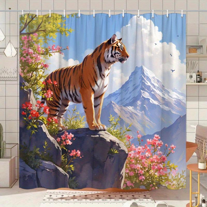 Bengal Tiger Shower Curtain Mountain Landscape Print with Flowers Polyester Bath Curtain with Hooks for Nature Decor