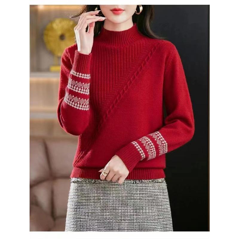 Winter New Semi-turtleneck Pullover Lazy Temperament Fashion Jacquard Loose Knitted Bottoming Sweater Women