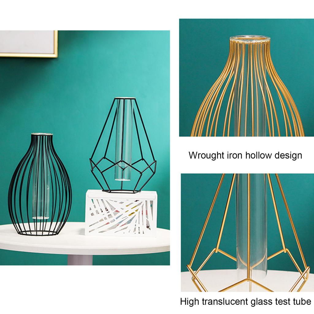 Metal Frame Vase with Clear Glass Tube Hydroponic Container for Desk Decoration