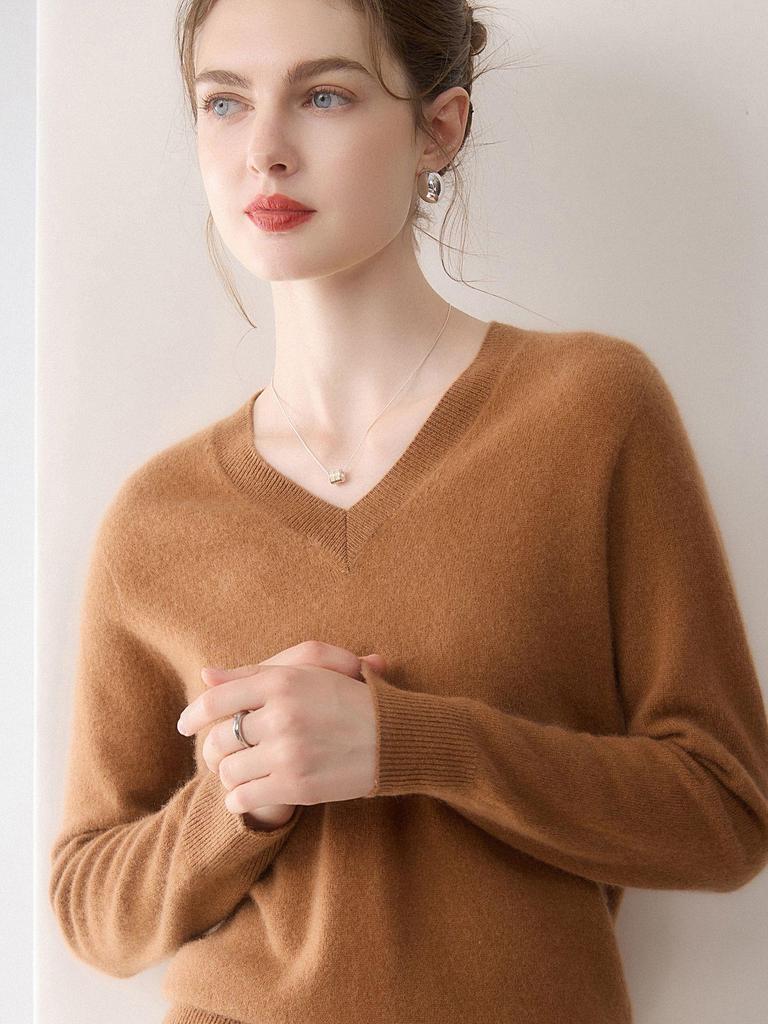 Women's 100% Pure Cashmere V-Neck Sweater - Long-Sleeved, Seamless Knit Pullover for Autumn & Winter