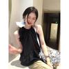 Kumikumi Sweet and Spicy Style Hanging Neck Sleeveless Black Vest Women clothes Summer Temperament Patchwork Frill All-Match Top