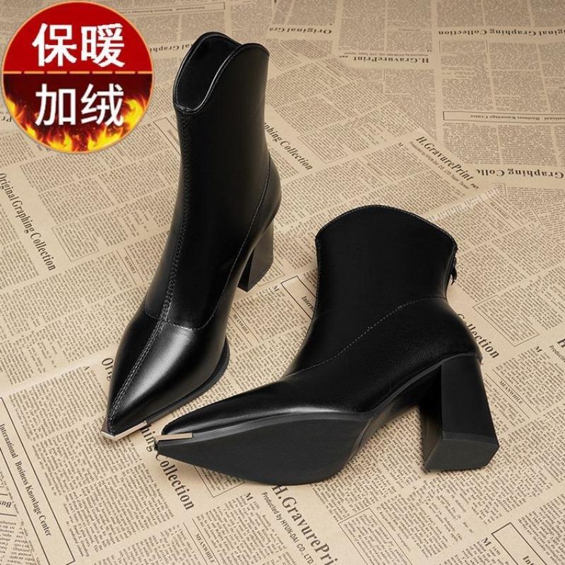 New pointed thick high-heeled short boots women's autumn and winter small velvet Martin boots small ankle boots thin boots