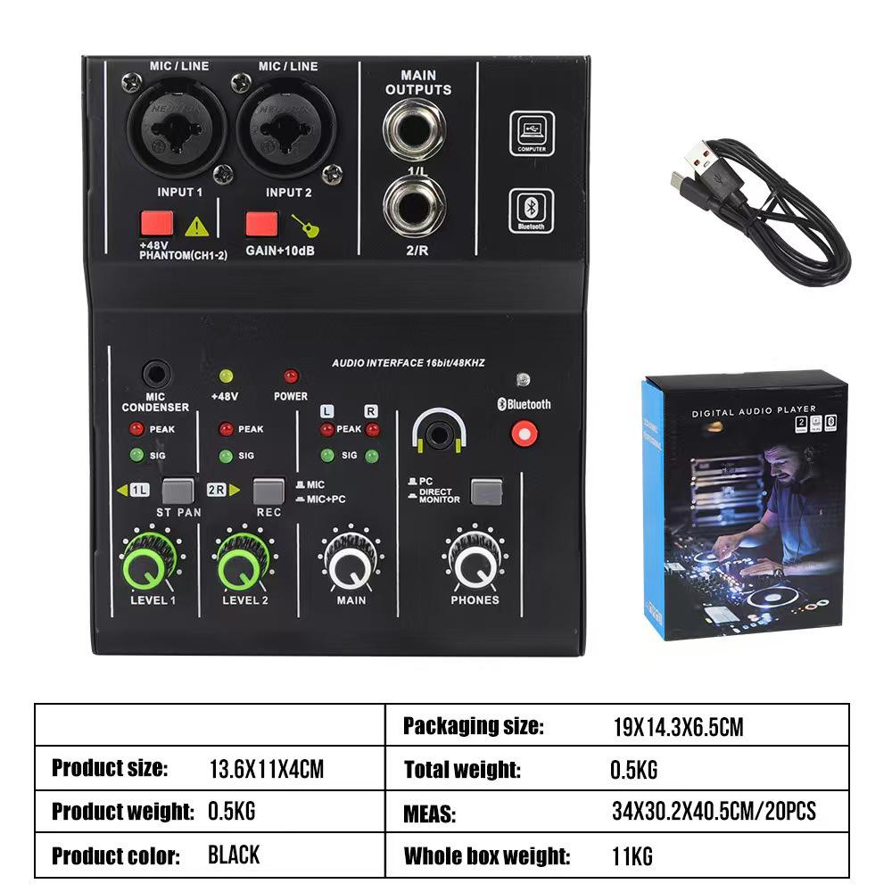 Professional 4-Channel Bluetooth Mixer with 48V Power and Reverb for Home Recording and Performances