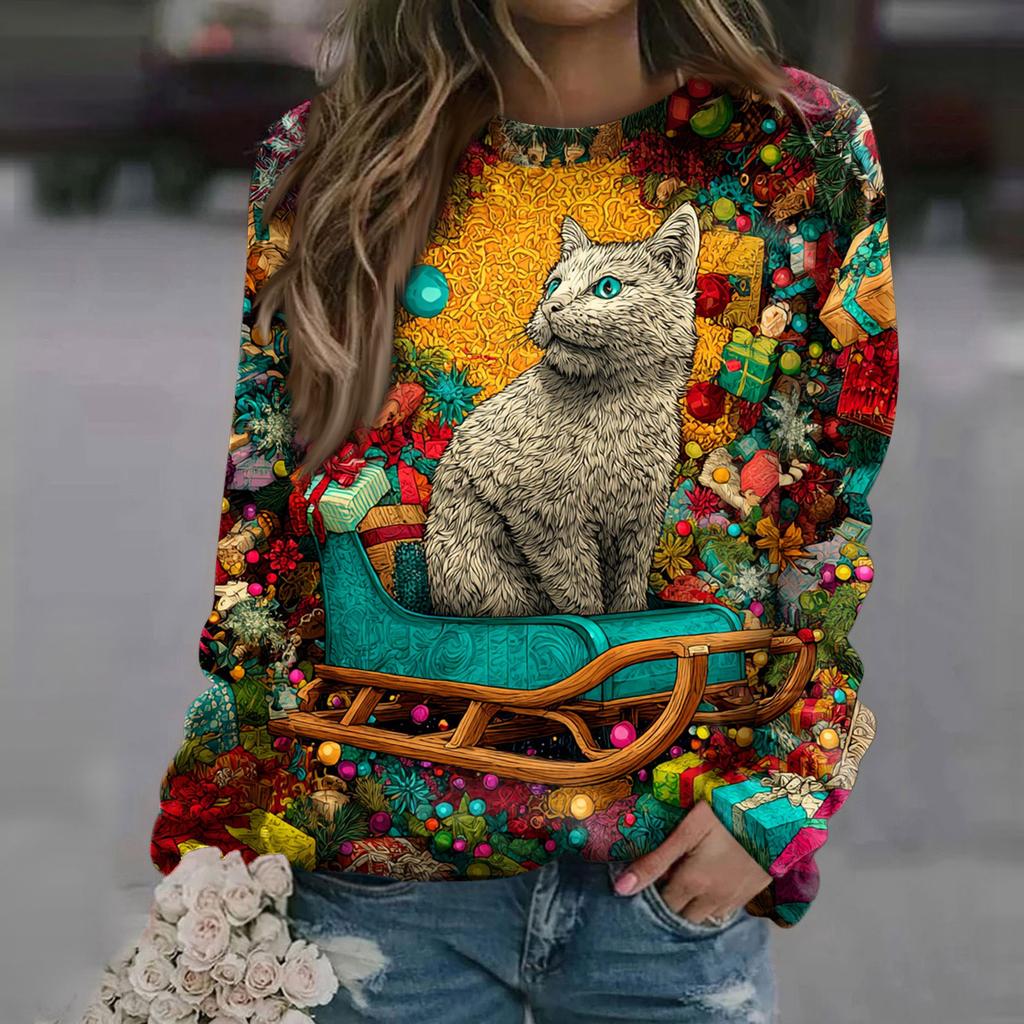 Women's Fashion Casual Long Sleeve Christmas Printed Neck Sweatshirt Top
