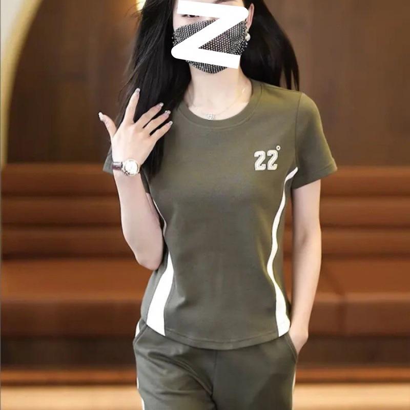 Casual Sports Suit for Women, Summer Temperament, Fashionable Style, Age-reducing Short-sleeved Straight Pants Two-piece Set