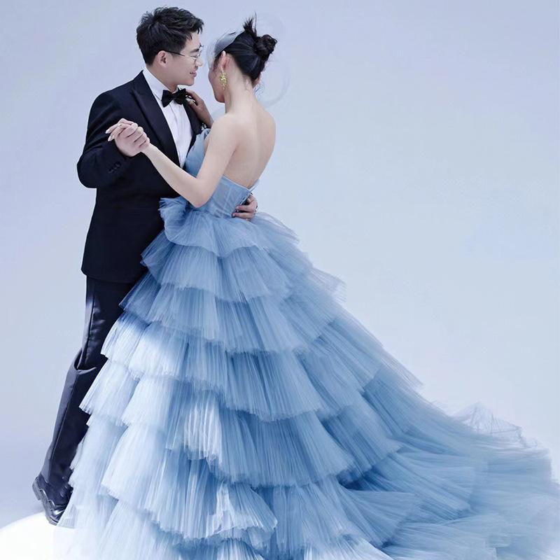 Blue Wedding Dress 2025 New Clothing Street Shot Puffy Gauze Skirt One-word Shoulder Wedding Dress