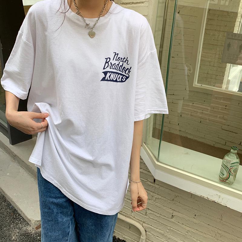 2025 Summer New Foreign Gas Printing Pure Cotton White Short-sleeved T-shirt Women's Medium and Long Large Size Loose Half-sleeved Top
