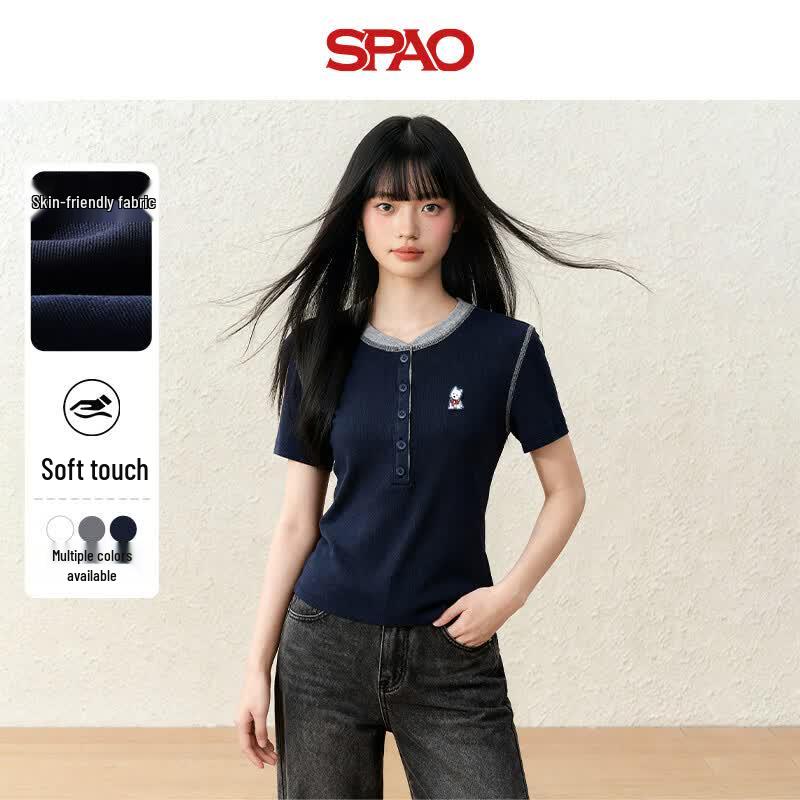 SPAO Women s Retro Slim-Fit Ribbed Henley Tee L