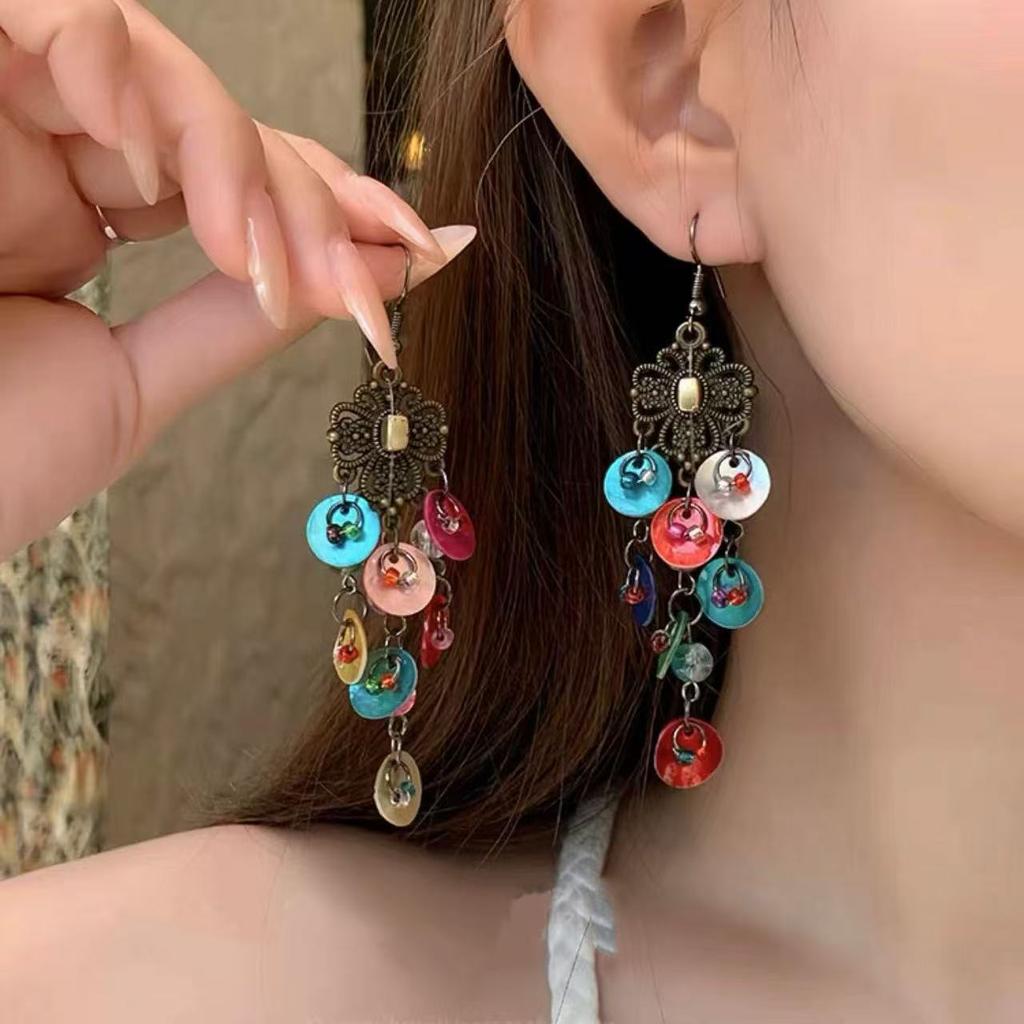 Bohemian ethnic style fringed earrings long niche woven feather earrings new travel wear earrings women