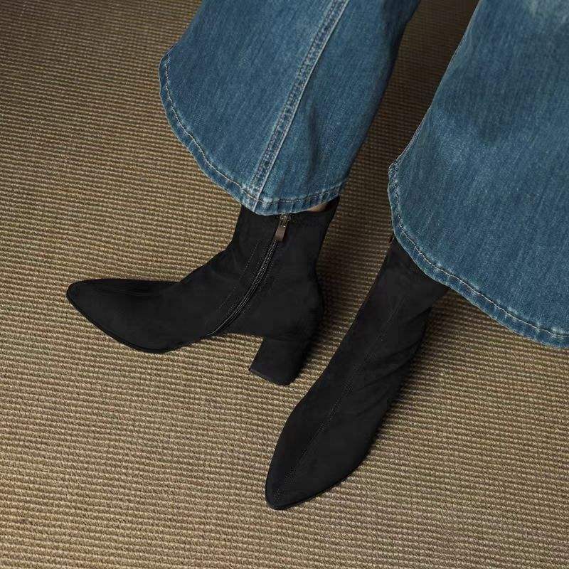 French Pointed High-heeled Short Boots Women's 2025 Autumn and Winter Velvet Boots Suede Elastic Versatile Thin Boots Large Size 4142