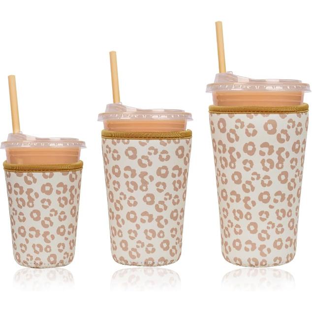 Reble Ulated Neoprene Iced Coffee Cup Sleeve, Durable Drink Sleeve for Cold Beverages, Beverage Holder for Iced Coffee, Floral Checkers