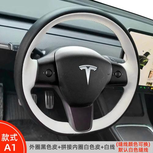 Hand Stitched black white Genuine Leather suede car Steering Wheel Cover For Tesla Model 3 2015-2021 Model Y 2019-2021