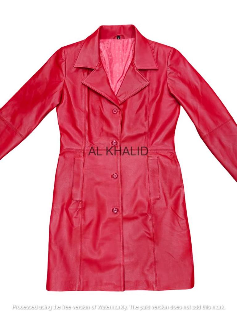 Czerwony Ręcznie Robiony Skórzany Płaszcz Trenczowy Damski z Jagnięcej Skóry Nappa
