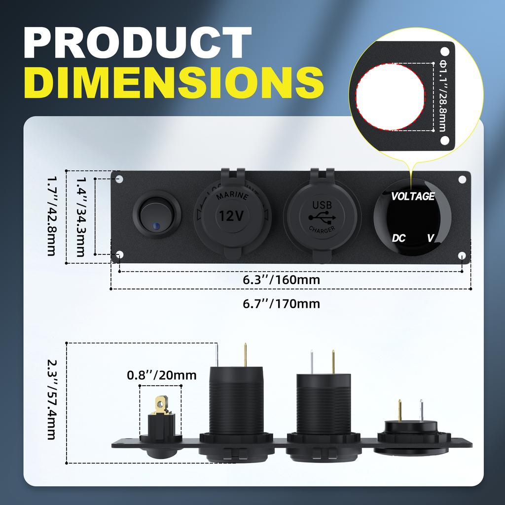 4 in 1 ON/OFF Charger Socket Panel Dual USB Socket Power Outlet & LED Voltmeter &Cigarette Lighter Socket& LED Switch