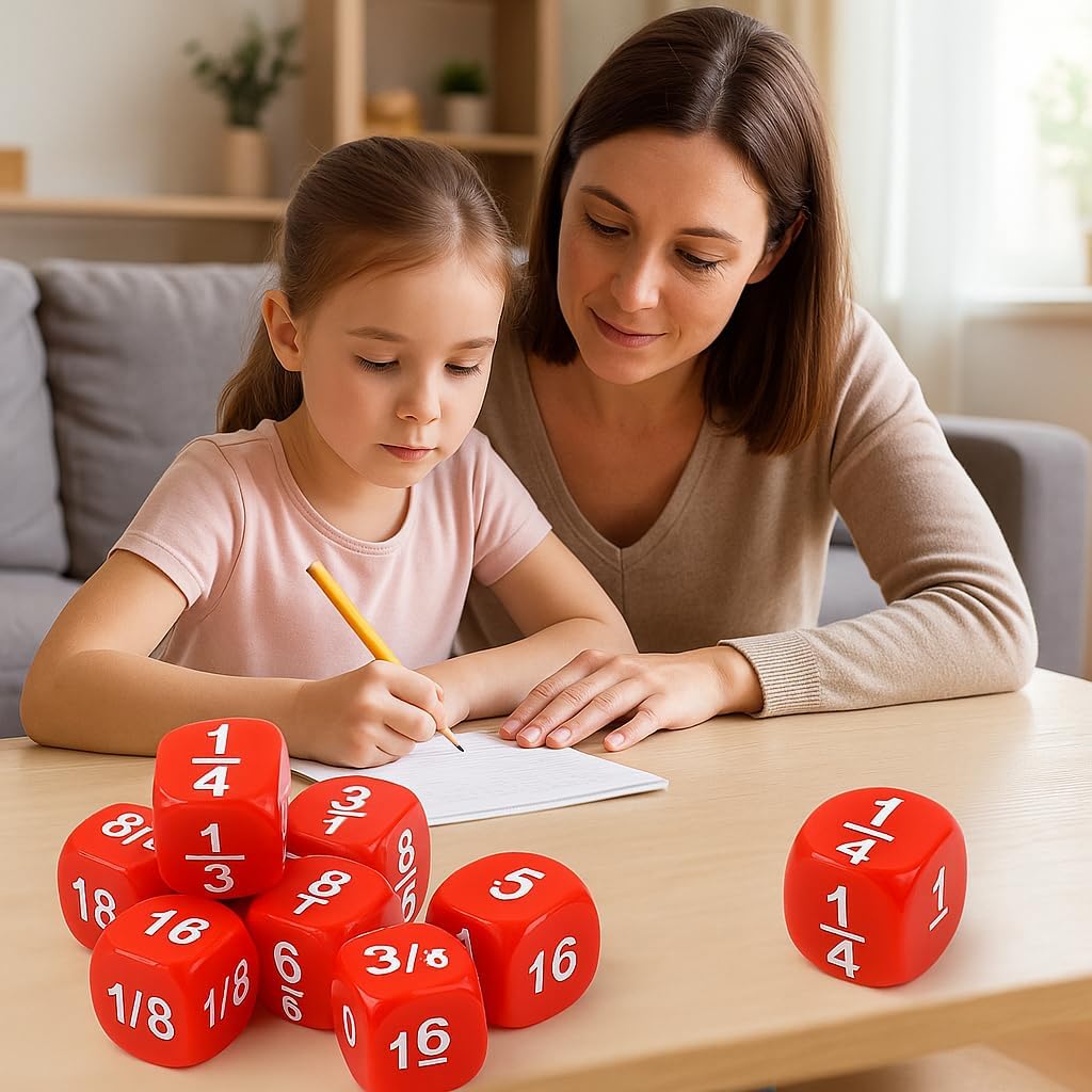 Fraction Dice, 20Pcs Multi Faceted Math Fraction Dices Fraction Dice Class Set Table Game Accessories for Kids Math Practice (Red)