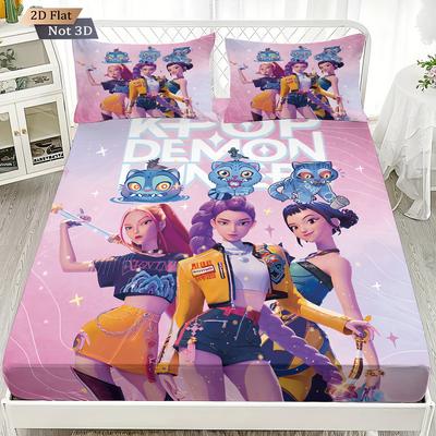 Set Lenzuolo Senza Angoli Stampato Cacciatori di Demoni K-Pop 3 Pezzi Misure Multiple Copriletto Morbido Decorazione Biancheria da Letto per Camera da Letto Lavabile in Lavatrice