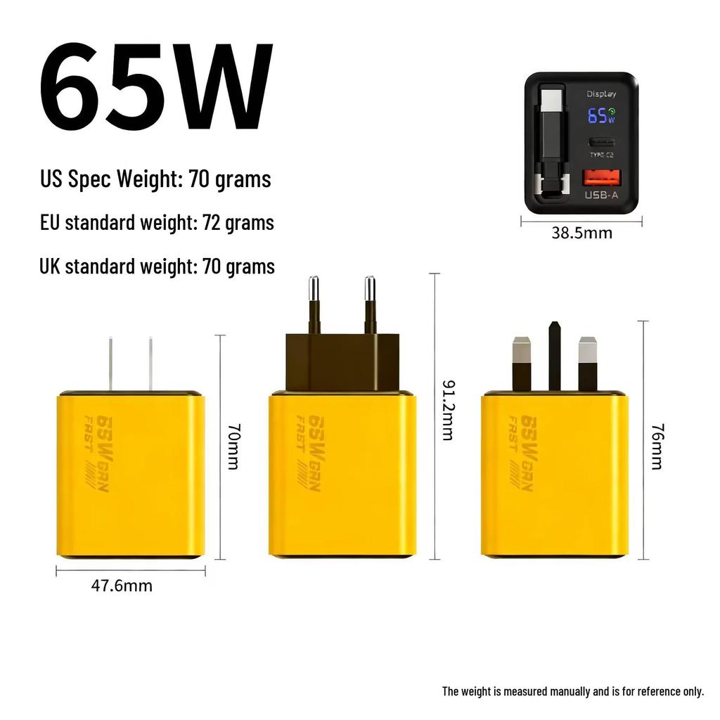 65W GaN Fast Charger with Digital Display, Retractable Type-C Cable, and Multi-Port Compatibility for Apple and Android Devices.