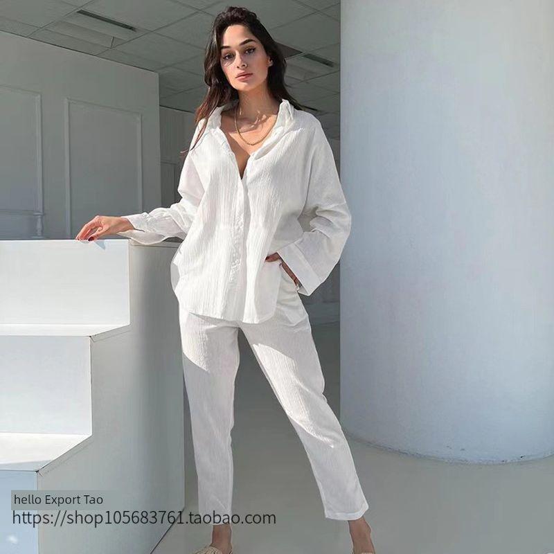 Fashion Style New Arrival Loose Long Sleeves Shirt Pants Pure Color Suit Homewear Shirt Long Pants Set