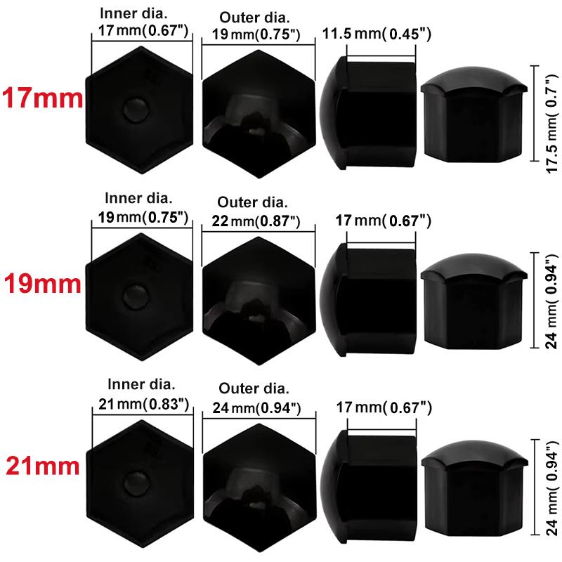 17mm/19mm/21mm 20 Adet Araba Tekerlek Somunu Kapakları Koruma Kapakları Kapakları Otomatik Hub Vida Kapağı Siyah Araba Lastiği Cıvata Somun Kapağı Lastik Dekorasyon