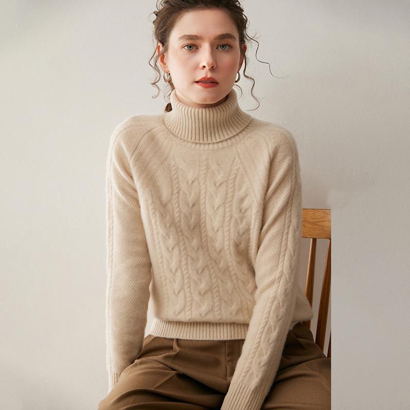 Women's High-Neck Cable Knit Cashmere Sweater: Pullover, Loose Fit, Raglan Long Sleeves - Perfect Base Layer for Autumn and Winter.