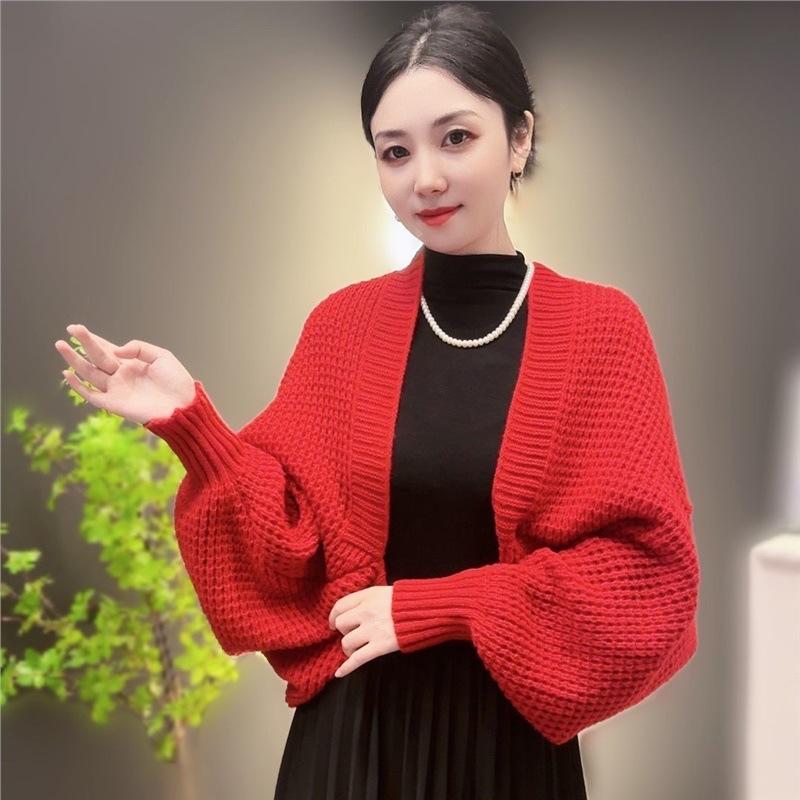 Fitted Waffle Long-sleeved Stylish Cardigan Warm Knitted Shawl for Autumn and Winter Fashionable and Versatile Shawl Outerwear