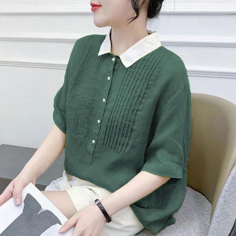 Casual Solid Color Peter Pan Collar Shirt  Summer Stylish Pleated Female Streetwear Button Loose Spliced Short Sleeve Blouse