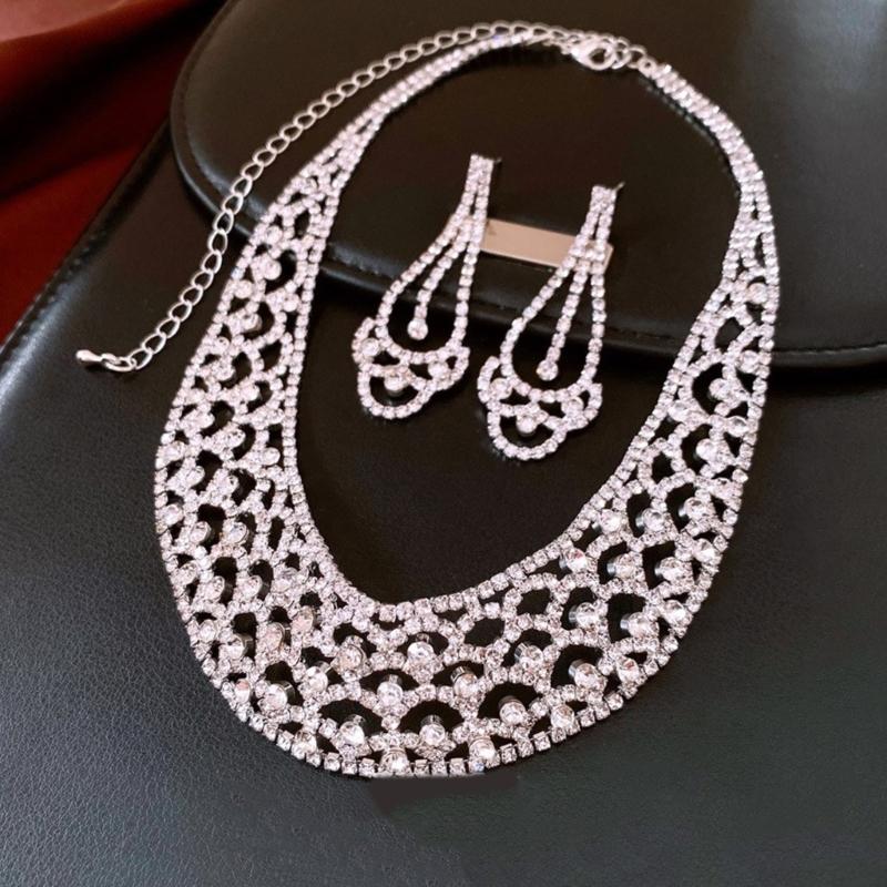 Stylish Round Cut Out Dangle Earrings With Matching Pendant Necklace Set Copper And Rhinestones Clavicle Chain Set