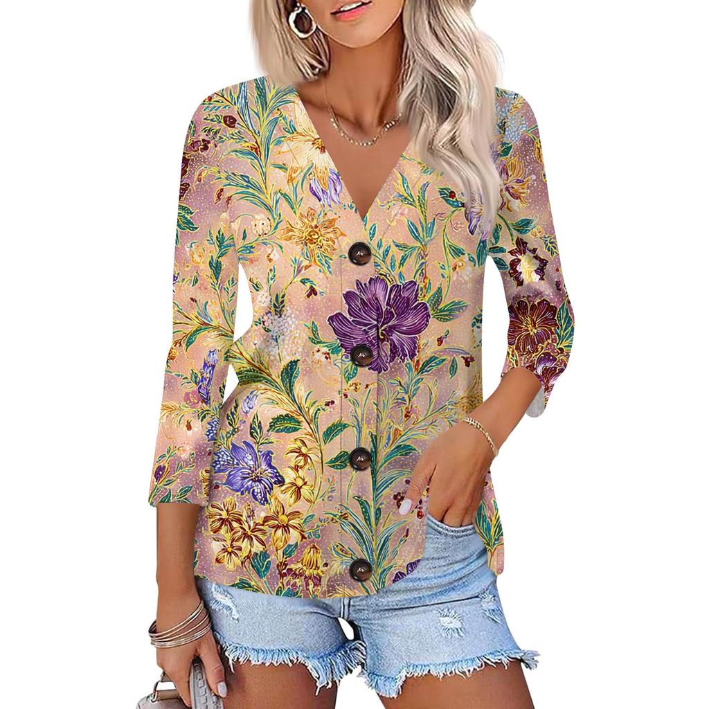 Women's Fashion Casual Print Button-down Shirt 3/4 Long Sleeve Tops