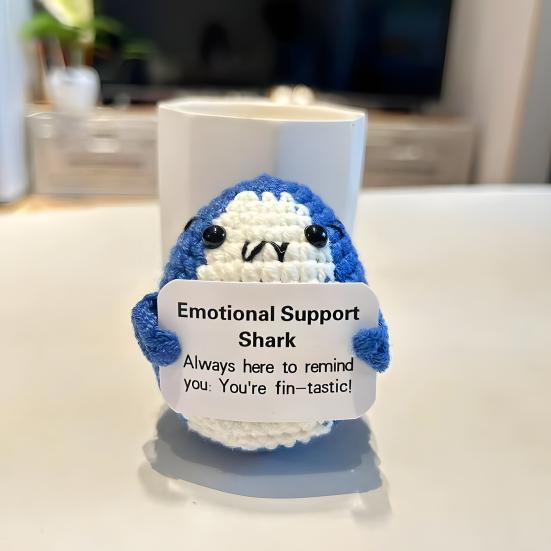 Emotional Support Shark Knitted Doll Positive Crochet Shark Gift Handcrafted Stress Relief Doll with Motivational Card Home Office Decor