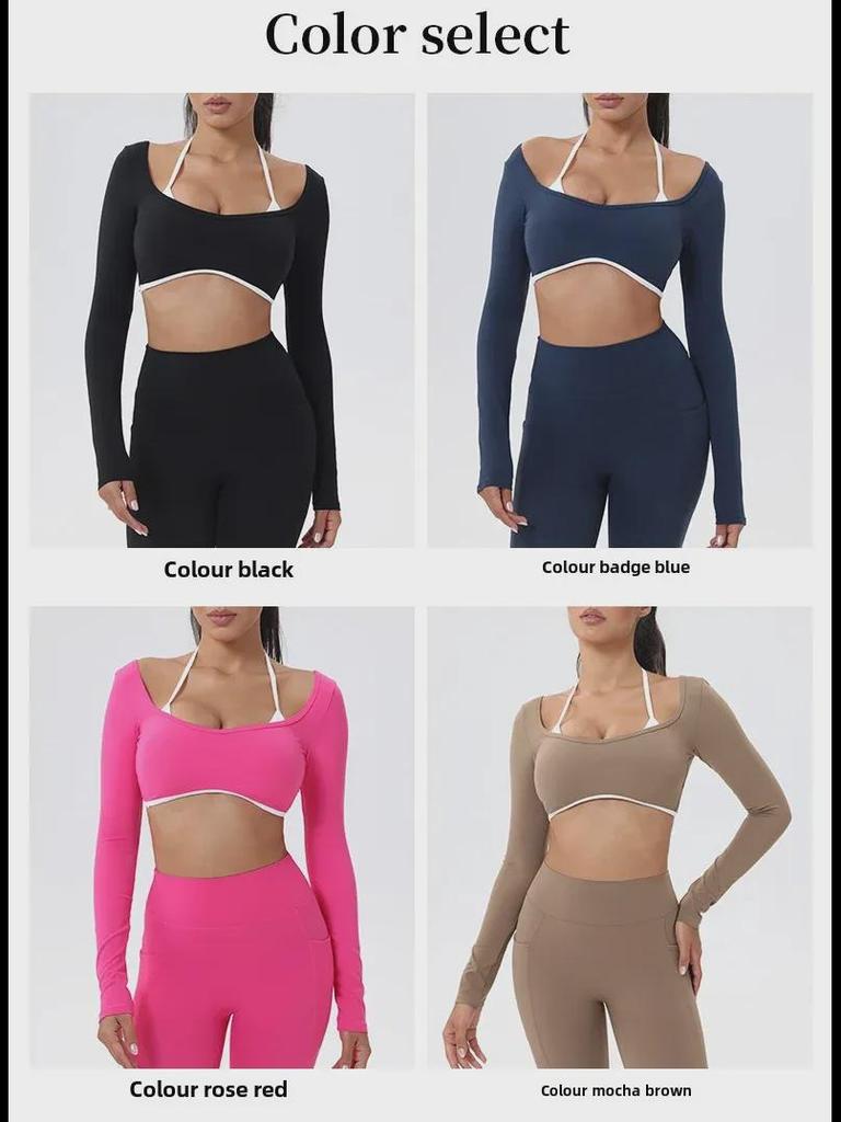 European-American Contrast Long-Sleeve Quick-Dry Yoga Top with Beautiful Back and Built-in Bra