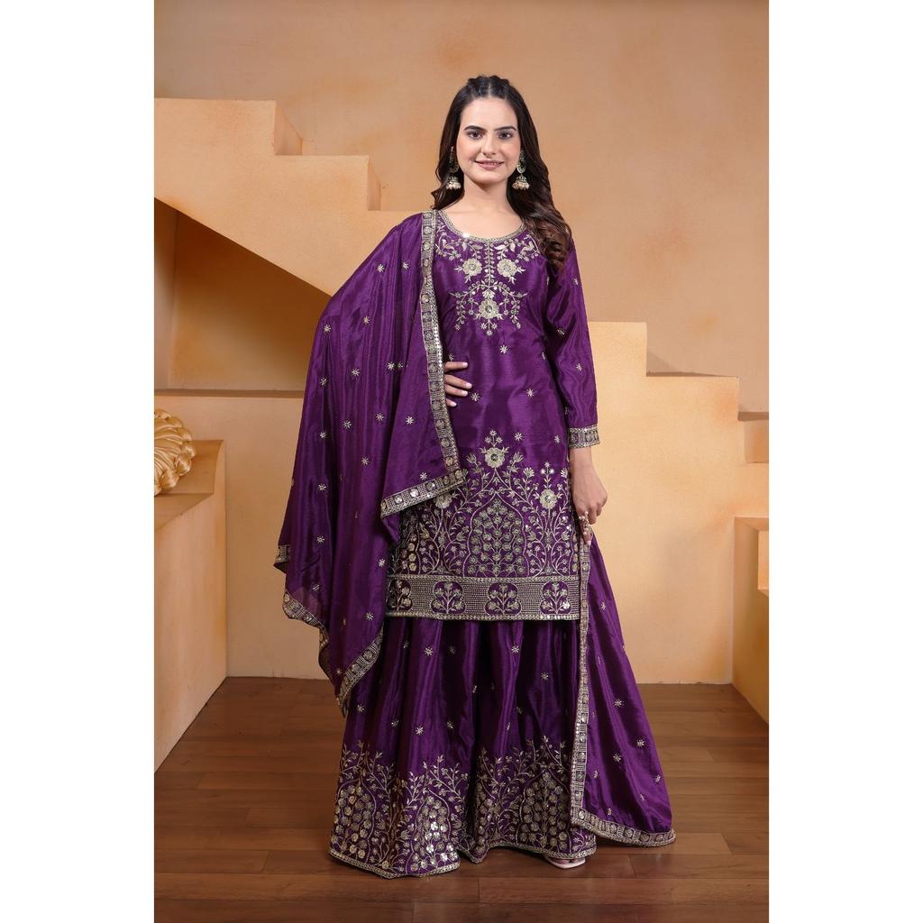 Presenting  New Designer Embroidered Chinon Sharara Suit With Sequence Embroidered Work