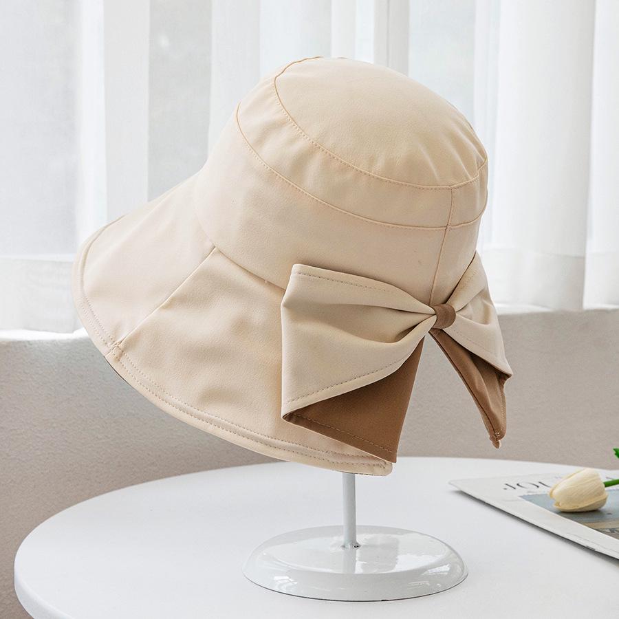 Koreanischer zweifarbiger Sonnenhut mit breiter Krempe und Schleife für Damen - Flacher Oberteil, Schlitz hinten, UV-Schutz