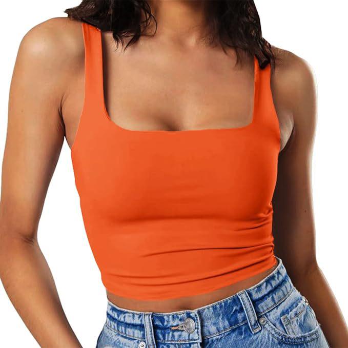 Dámský crop top bez rukávů na špagetová ramínka se čtvercovým výstřihem, slim fit