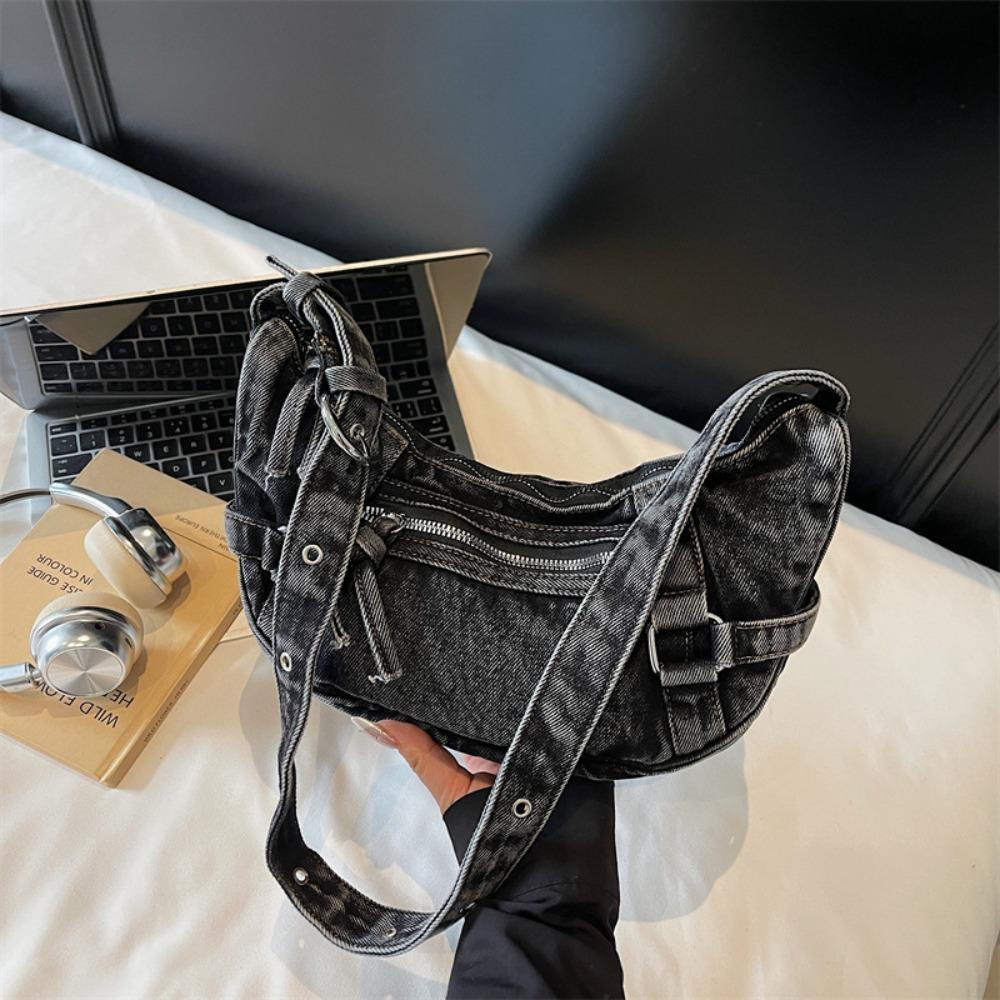 

Американский стиль Джинсовая сумка кроссбоди Регулируемый ремешок Повседневная сумка-тоут Холщовая сумка-пельмень Леди чёрный
