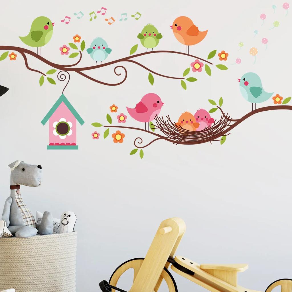 Cartoon Cute Bird Family Branch Flower Animal Wall Stickers Removable for Kid Bedroom Living Room Foyer Decoration Wall Decals