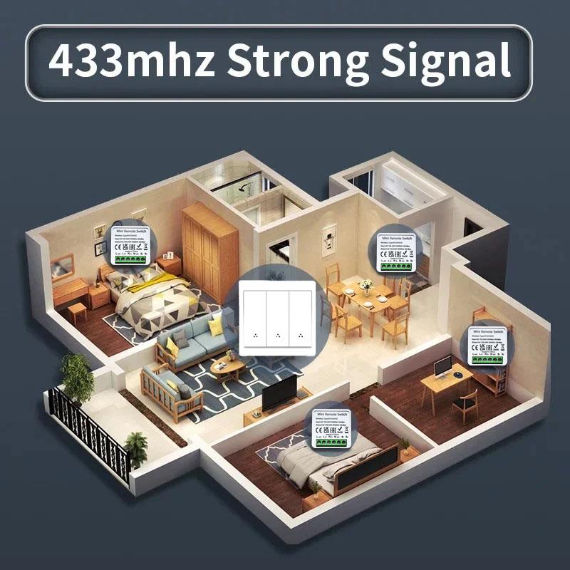 433MHz უსადენო ჭკვიანი კედლის ნათურის ჩამრთველი 1/2/3 განყოფილებიანი დისტანციური მართვის პანელი AC100–240V სტიკერის დიზაინი LED ნათურებისთვის სახლის ავტომატიზაცია