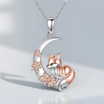 Einzigartiger Charme Fuchs Anhänger Blume Mond Halskette für Frauen Silberfarbene Kette Halskette Schmuck Geschenke