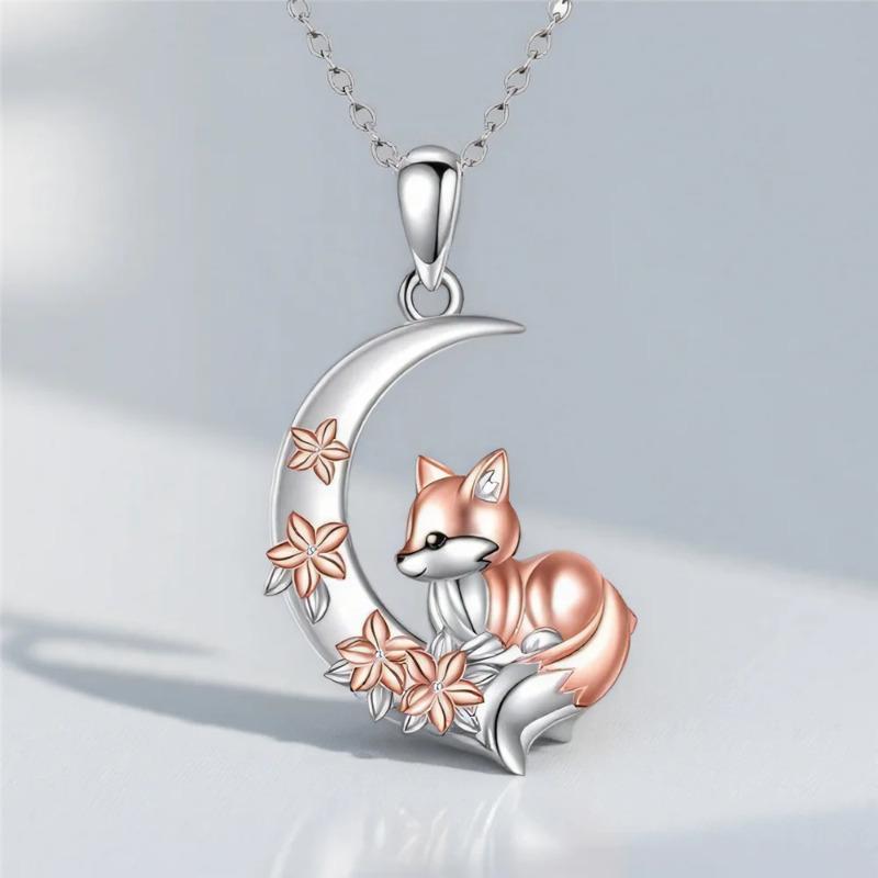 Unique Charm Fox Pendant Flower Moon Necklace  for Women Silver Color Chain Necklace Jewelry Gifts