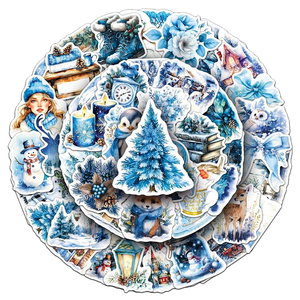 10/30/50pcs INS Blue Christmas Graffiti Stickers Aesthetic Waterproof Decor Scrapbooking Stationery Phone Case Cute Sticker Pack