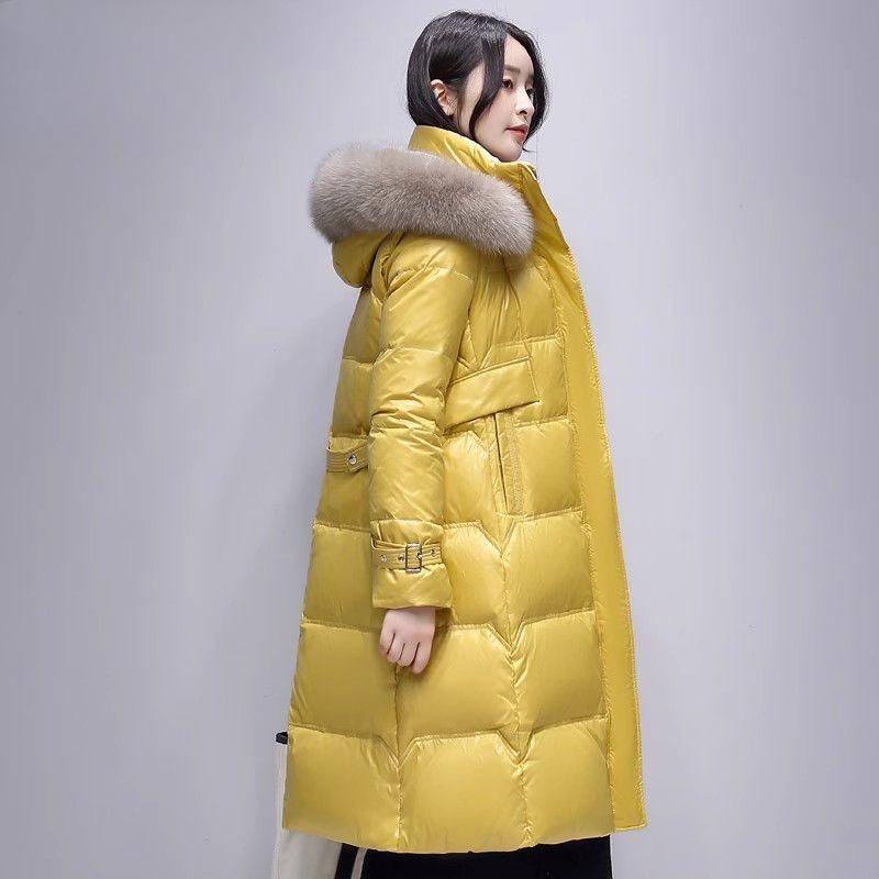 Snow Winter Girls Down Jacket Hooded Big Fur Collar Medium and Long Jacket Fashion Glossy Duck Down Top