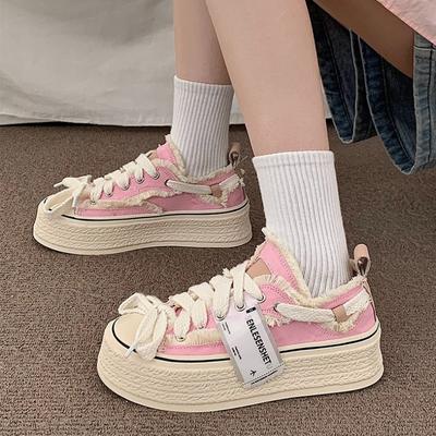 Frau dicke Sohle ausgefranst geschnürt neue schicke Sneakers Gothic Schuhe Plateau Tennis Sneakers Damen rosa Canvas Schuhe klobige Turnschuhe