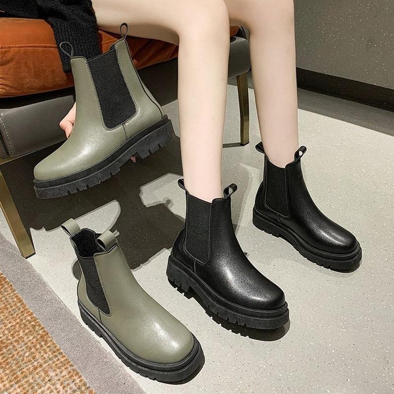 Plateau-Chelsea-Stiefel für Damen, Designer-Schuhe 2024, neue Mode, britischer Stil, runde Zehenpartie, Lederstiefeletten, Damen-Slipper