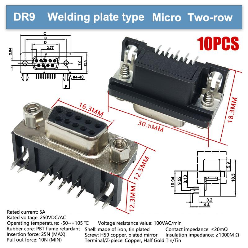 10Pcs Dr9 Hole/Pin Female/Male Right Angle Welded D-Sub 9 Pin Connector Rs232 Connector 90 Degree Bent Needle Dr9