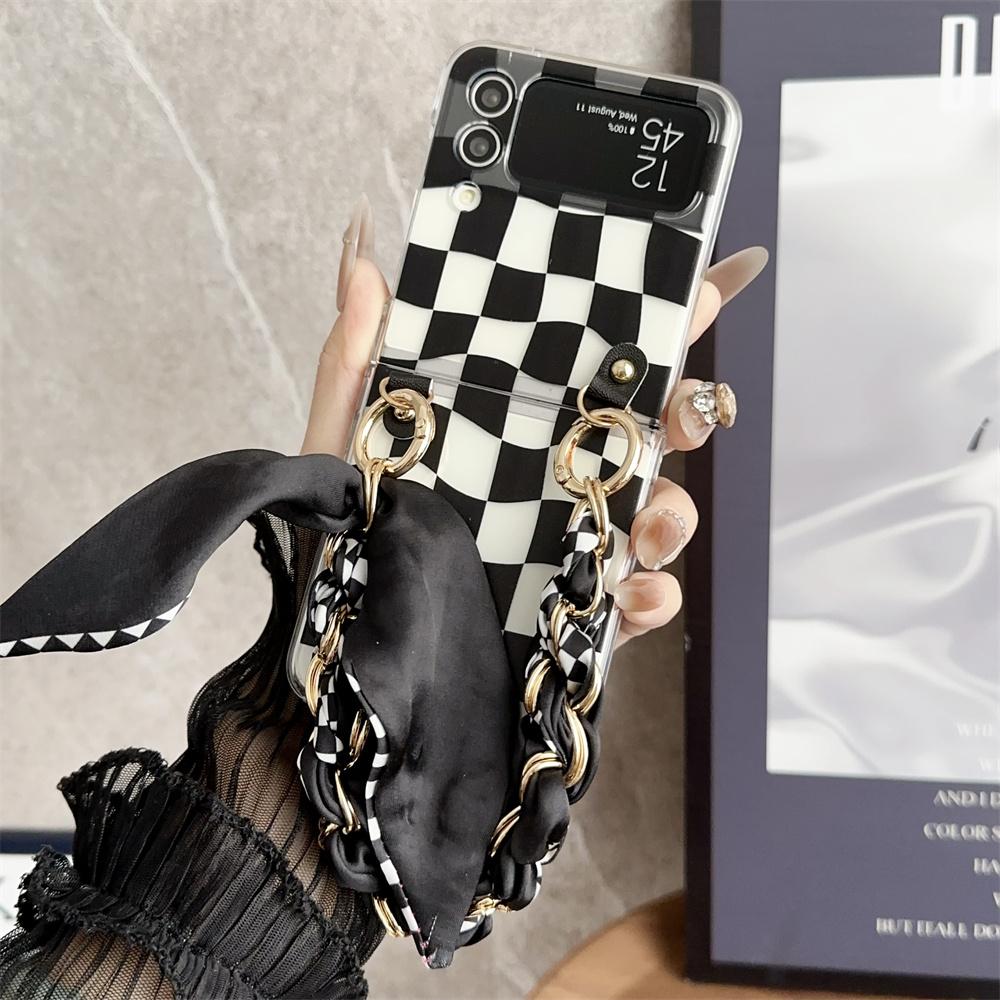 Elegant Scarves Hand Chain Case For Galax Z Flip 5 Necklace Strap Cover For Samsung Z Flip 4 Flip3 Black White Checkered Case