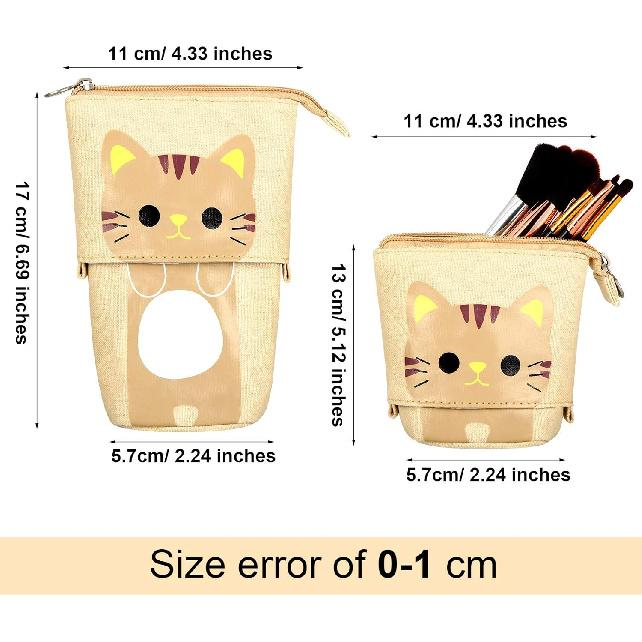 Zonon 4 Pieces Standing Pencil Case Cat Print Telescopic Pencil Case Telescopic Pencil Pouch Holder Canvas PU Cartoon Organizer Portable Pencil Bag